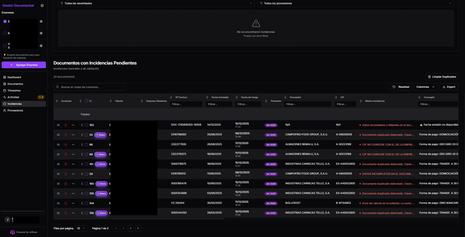 Pantalla de extracción automática de facturas